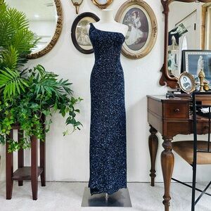 Vintage Scala Silk Beaded One-Shoulder Gown – Starry Night Blue